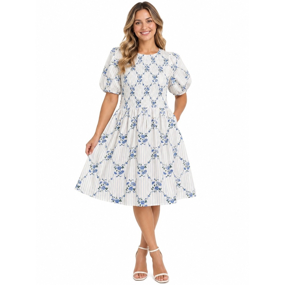 New Old Navy Dress Medium Floral Puff Sleeve Pockets Cotton Brunch Workwear